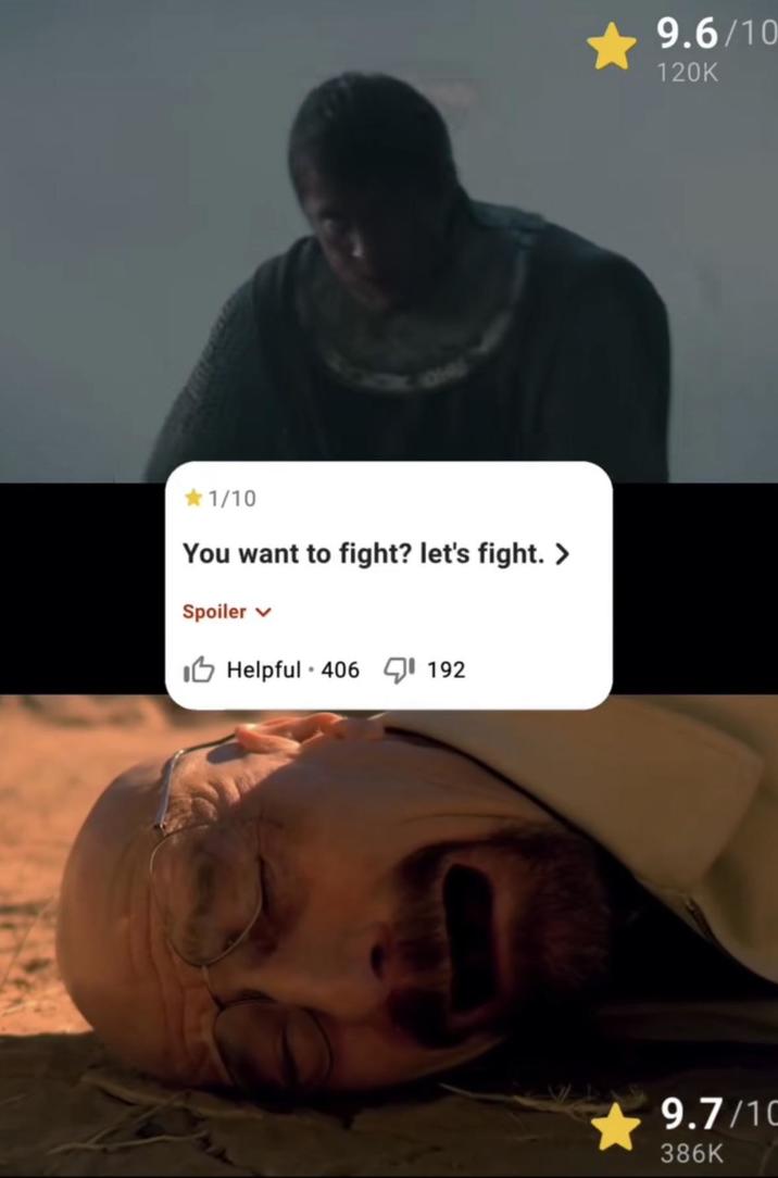 <1/10 You want to fight? let's fight. > Spoiler Helpful 406 192 9.6/10 120K 9.7/10 386K