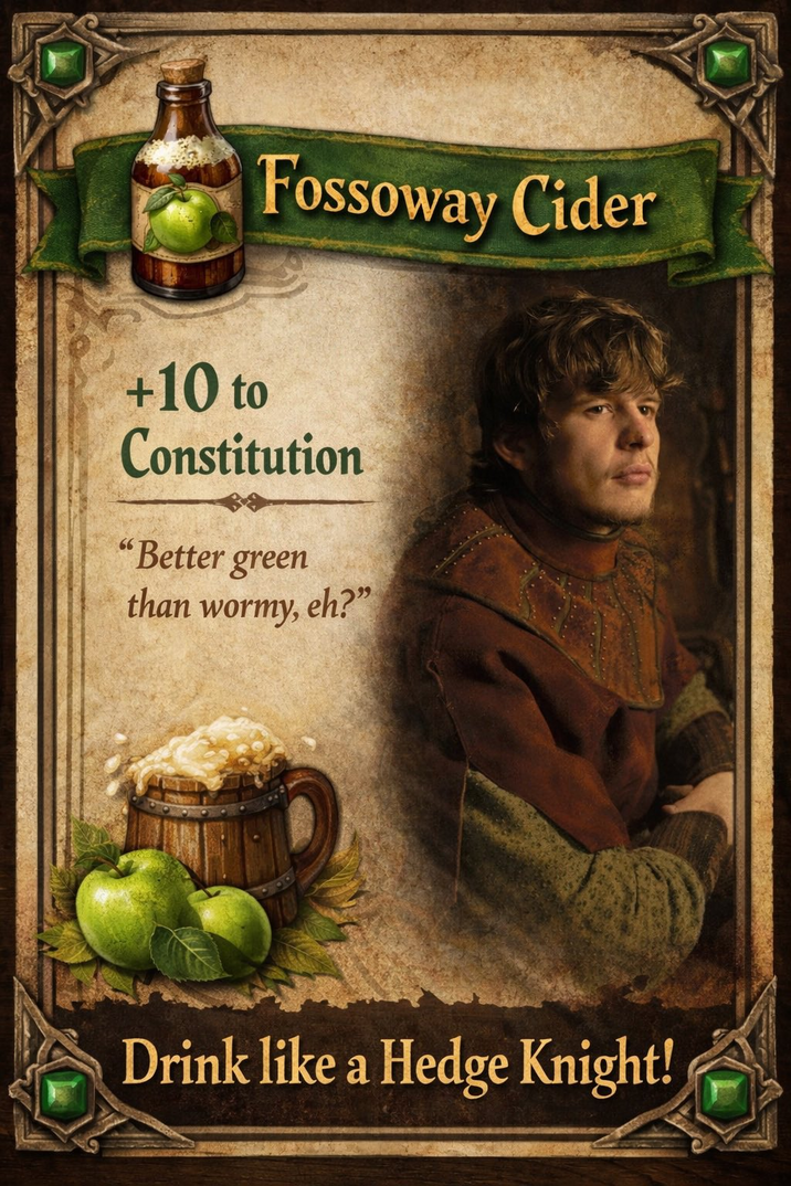 Fossoway Cider +10 to Constitution "Better green than wormy, eh?" Drink like a Hedge Knight!