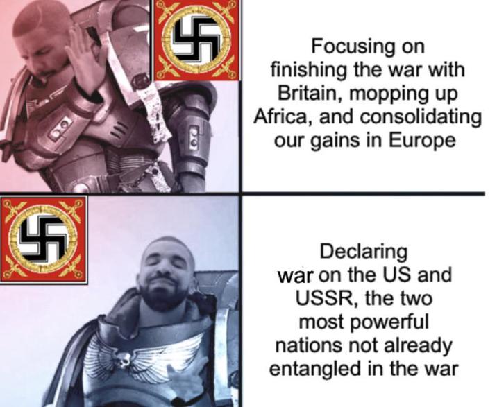 5 20 Focusing on finishing the war with Britain, mopping up Africa, and consolidating our gains in Europe 100 5 Declaring war on the US and USSR, the two most powerful nations not already entangled in the war