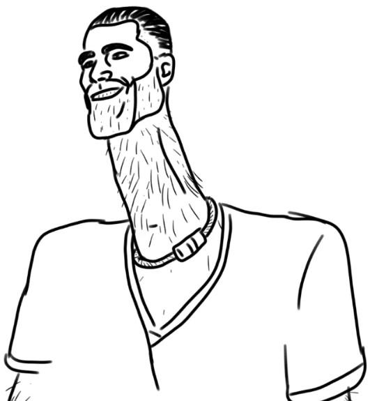 A piece of art referencing the Hand In Pocket / Skinny Neck optical illusion. It depicts GigaChad with a long neck.