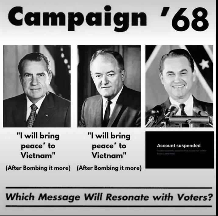 Campaign '68 "I will bring peace* to Vietnam" "I will bring peace* to Vietnam" (After Bombing it more) (After Bombing it more) k Account suspended Twitter acunts that date the Twer Buys Lean moe Which Message Will Resonate with Voters?