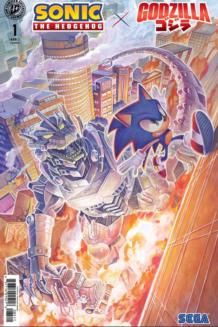 COMICS D 1 $4.99 US COVER RI ENTE SONIC THE HEDGEHOG TM GODZILLA ליב 827714 015218 ALES SEGA