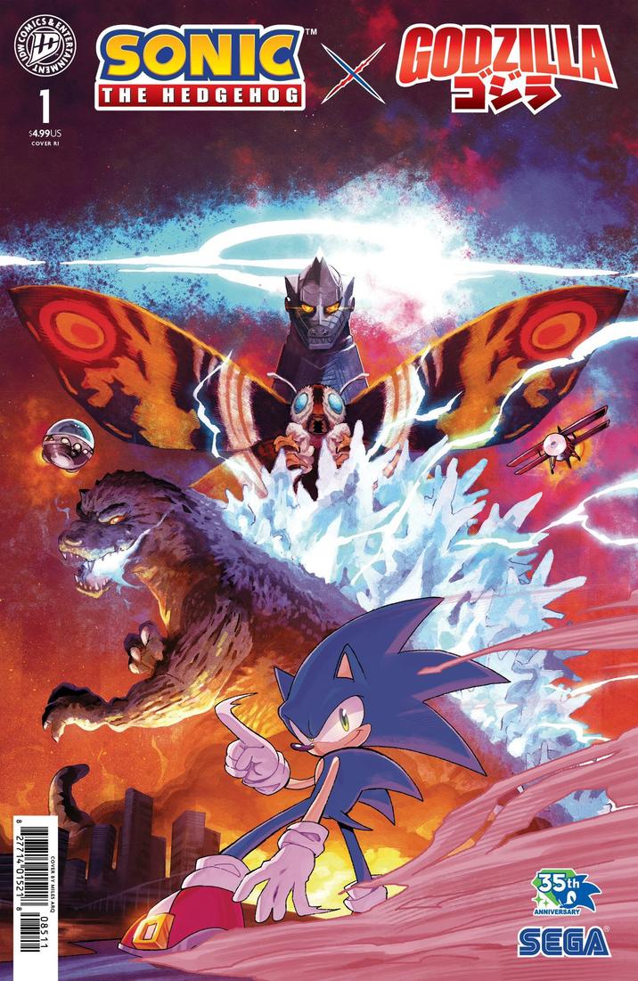 COMICS NDW NMENT 1 $4.99 US COVER RI ENTER TM SONIC GODZILLA THE HEDGEHOG COVER BY MILES ARQ 8 27714 01521 8 08511 MAMA 35th ANNIVERSARY SEGA