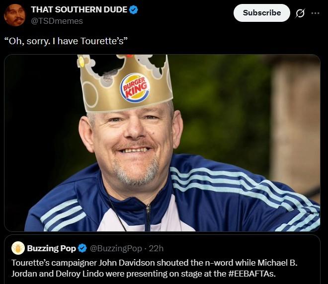 A Burger King crown meme. The crown is on John Davidson's head, suggesting he's racist.