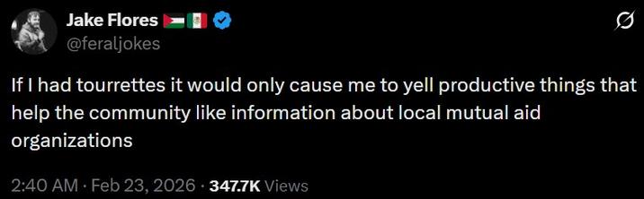 A post by @feraljokes. It reads, "If I had tourrettes it would only cause me to yell productive things that help the community like information about local mutual aid organizations."