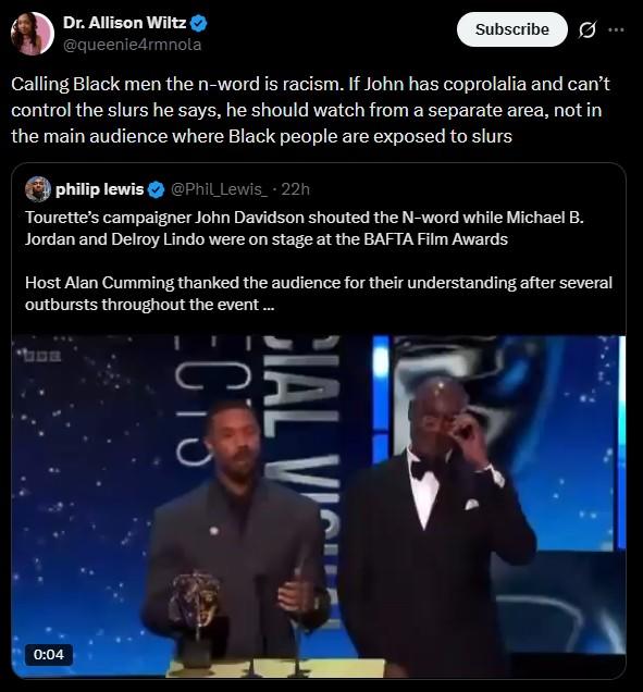 A tweet criticizing John Davidson. It reads, "Calling Black men the n-word is racism. If John has coprolalia and can’t control the slurs he says, he should watch from a separate area, not in the main audience where Black people are exposed to slurs."