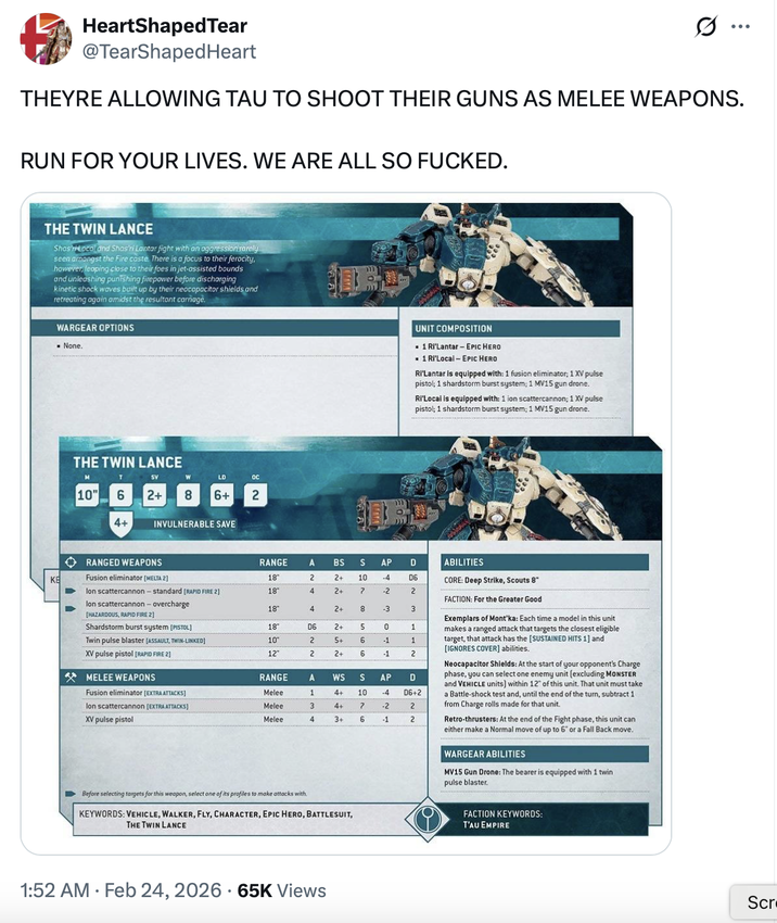 HeartShaped Tear @TearShaped Heart THEYRE ALLOWING TAU TO SHOOT THEIR GUNS AS MELEE WEAPONS. RUN FOR YOUR LIVES. WE ARE ALL SO F-----. THE TWIN LANCE Shas'ri Local and Shas'ri Lantar fight with an aggression rarely seen amongst the Fire caste. There is a focus to their ferocity, however, leaping close to their foes in jet-assisted bounds and unleashing punishing firepower before discharging kinetic shock waves built up by their neocapacitor shields and retreating again amidst the resultant carnage. WARGEAR OPTIONS None. THE TWIN LANCE M SV W LD OC 10" 6 2+ 8 6+ 2 4+ INVULNERABLE SAVE UNIT COMPOSITION ■1 RI'Lantar - EPIC HERO ■1 Ri'Local EPIC HERO Ri'Lantar is equipped with: 1 fusion eliminator; 1 XV pulse pistol; 1 shardstorm burst system; 1 MV15 gun drone. Ri'Local is equipped with: 1 ion scattercannon; 1 XV pulse pistol; 1 shardstorm burst system; 1 MV15 gun drone. Exemplars of Mont'ka: Each time a model in this unit makes a ranged attack that targets the closest eligible target, that attack has the [SUSTAINED HITS 1] and [IGNORES COVER] abilities. RANGED WEAPONS RANGE A BS S AP D ABILITIES KB Fusion eliminator [MELTA 2] 18 2 2+ 10 -4 D6 CORE: Deep Strike, Scouts 8" lon scattercannon-standard [RAPID FIRE 2) 18" 4 2+ ? -2 2 FACTION: For the Greater Good lon scattercannon - overcharge 18" 4 2+ 8 -3 3 [HAZARDOUS, RAPID FIRE 2] Shardstorm burst system (PISTOL] 18" 06 2+ 5 0 1 Twin pulse blaster [ASSAULT, TWIN-LINKED] 10 2 5+ 6 -1 1 XV pulse pistol [RAPID FIRE 2] 12 2 2+ 6 -1 2 MELEE WEAPONS RANGE A WS S AP D Fusion eliminator [EXTRA ATTACKS] Melee 1 4+ 10 -4 D6+2 lon scattercannon [EXTRA ATTACKS] Melee 3 4+ 7 -2 2 XV pulse pistol Melee 4 3+ 6 -1 2 Before selecting targets for this weapon, select one of its profiles to make attacks with. KEYWORDS: VEHICLE, WALKER, FLY, CHARACTER, EPIC HERO, BATTLESUIT, THE TWIN LANCE Neocapacitor Shields: At the start of your opponent's Charge phase, you can select one enemy unit (excluding MONSTER and VEHICLE units) within 12" of this unit. That unit must take a Battle-shock test and, until the end of the turn, subtract 1 from Charge rolls made for that unit. Retro-thrusters: At the end of the Fight phase, this unit can either make a Normal move of up to 6" or a Fall Back move. WARGEAR ABILITIES MV15 Gun Drone: The bearer is equipped with 1 twin pulse blaster. FACTION KEYWORDS: T'AU EMPIRE 1:52 AM Feb 24, 2026 65K Views Scr