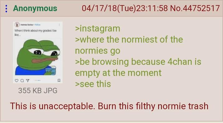 : Anonymous memes.factss Fellow When I think about my grades I be like... 04/17/18(Tue)23:11:58 No.44752517 >instagram >where the normiest of the normies go >be browsing because 4chan is empty at the moment ☐ >see this 355 KB JPG This is unacceptable. Burn this filthy normie trash
