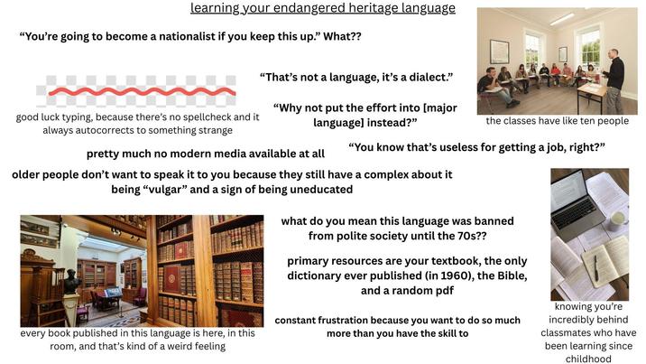 learning your endangered heritage language "You're going to become a nationalist if you keep this up." What?? "That's not a language, it's a dialect." good luck typing, because there's no spellcheck and it always autocorrects to something strange "Why not put the effort into [major language] instead?" pretty much no modern media available at all the classes have like ten people "You know that's useless for getting a job, right?" older people don't want to speak it to you because they still have a complex about it being "vulgar" and a sign of being uneducated every book published in this language is here, in this room, and that's kind of a weird feeling what do you mean this language was banned from polite society until the 70s?? primary resources are your textbook, the only dictionary ever published (in 1960), the Bible, and a random pdf constant frustration because you want to do so much more than you have the skill to knowing you're incredibly behind classmates who have been learning since childhood