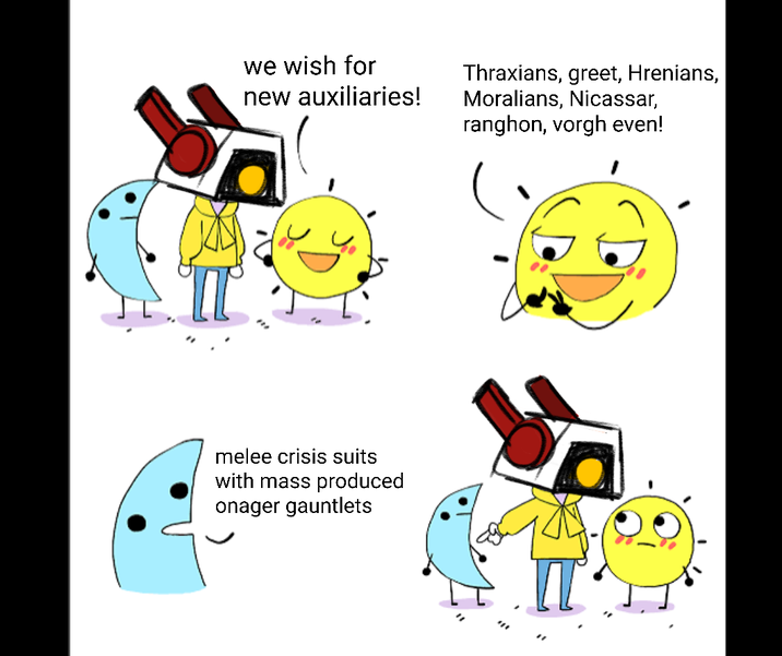 we wish for new auxiliaries! melee crisis suits with mass produced onager gauntlets Thraxians, greet, Hrenians, Moralians, Nicassar, ranghon, vorgh even! IT