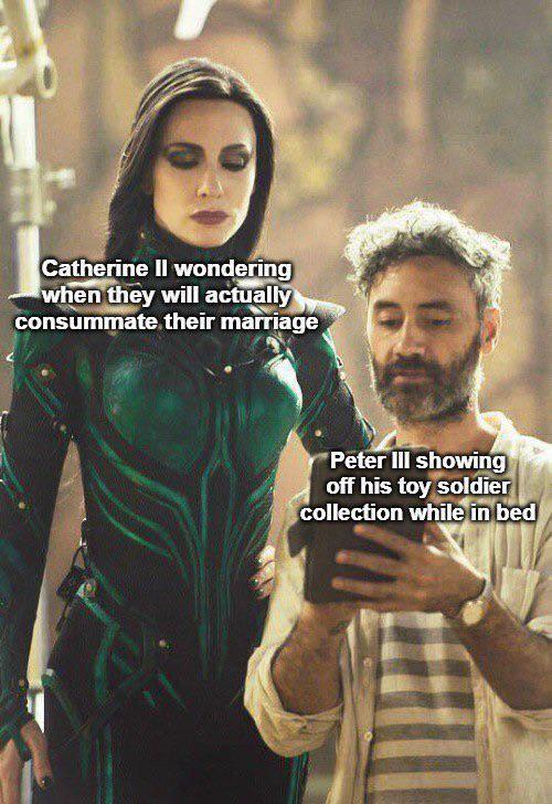 Catherine II wondering when they will actually consummate their marriage Peter III showing off his toy soldier collection while in bed