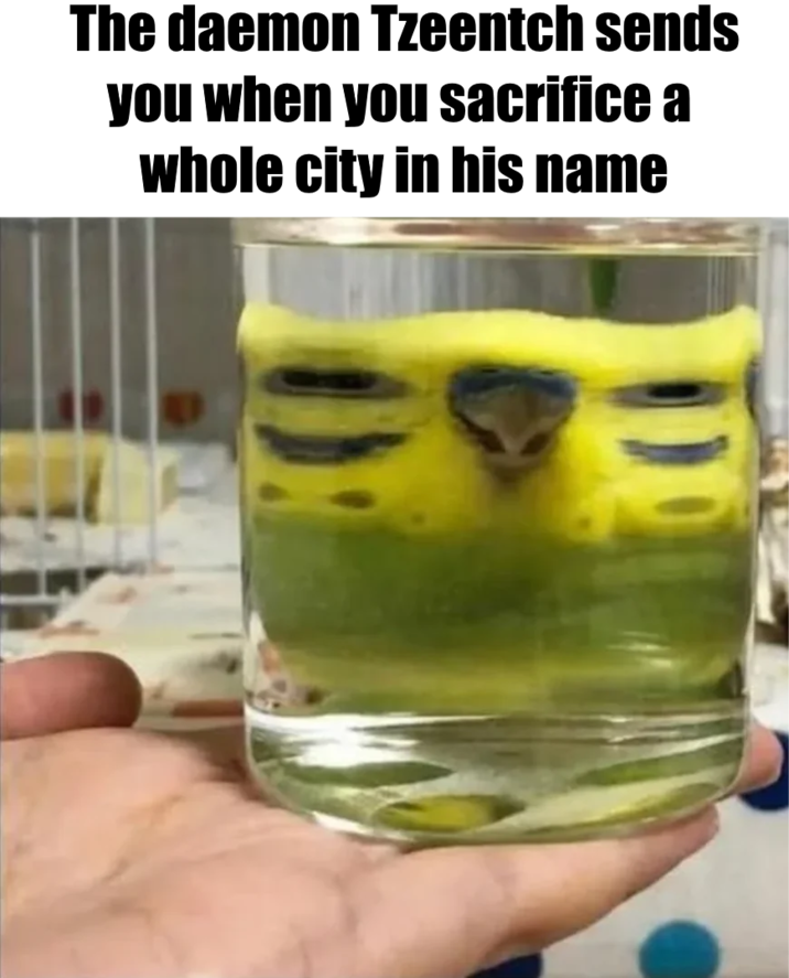 The daemon Tzeentch sends you when you sacrifice a whole city in his name