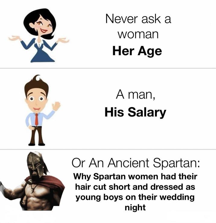 Never ask a woman Her Age A man, His Salary Or An Ancient Spartan: Why Spartan women had their hair cut short and dressed as young boys on their wedding night