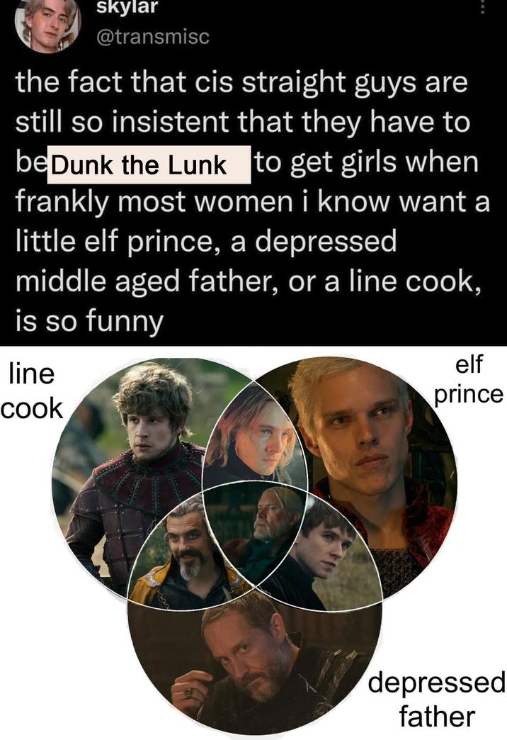 skylar @transmisc the fact that cis straight guys are still so insistent that they have to be Dunk the Lunk to get girls when frankly most women i know want a little elf prince, a depressed middle aged father, or a line cook, is so funny line cook elf prince depressed father