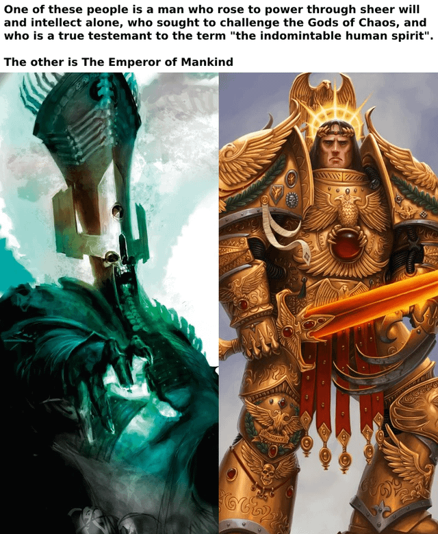 One of these people is a man who rose to power through sheer will and intellect alone, who sought to challenge the Gods of Chaos, and who is a true testemant to the term "the indomintable human spirit". The other is The Emperor of Mankind