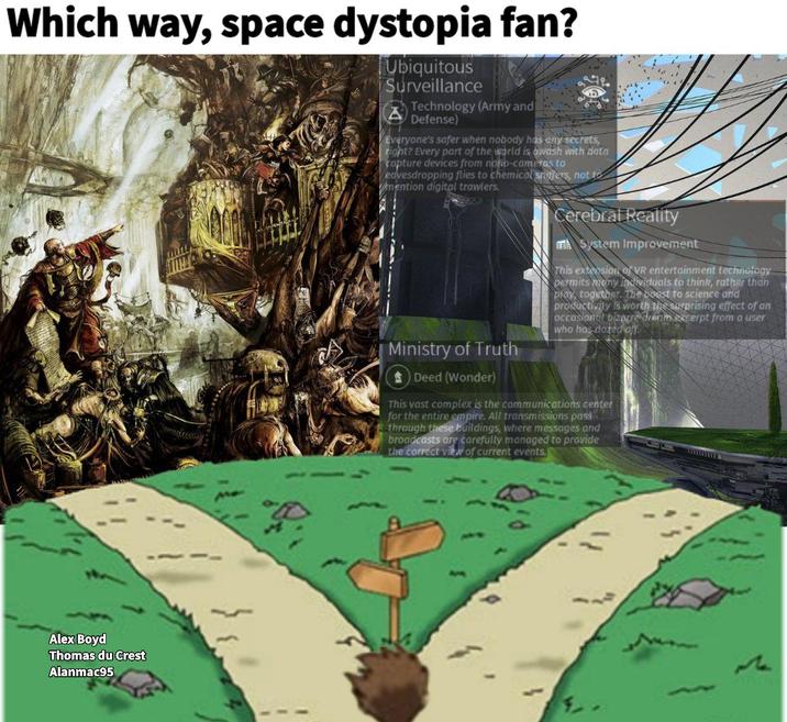 Which way, space dystopia fan? Ubiquitous Surveillance Technology (Army and Defense) Everyone's safer when nobody has any secrets, right? Every part of the world is awash with data capture devices from nano-cameras to eavesdropping flies to chemical sniffers, not to mention digital trawlers. Ministry of Truth Deed (Wonder) Cerebral Reality System Improvement This extension of VR entertainment technology permits mony individuals to think, rather than play together. The boost to science and productivity is worth the surprising effect of an occasional bizarre dream excerpt from a user who has dozed aff This vast complex is the communications center for the entire empire. All transmissions pass through these buildings, where messages and broadcasts are carefully managed to provide the correct view of current events. Alex Boyd Thomas du Crest Alanmac95 M