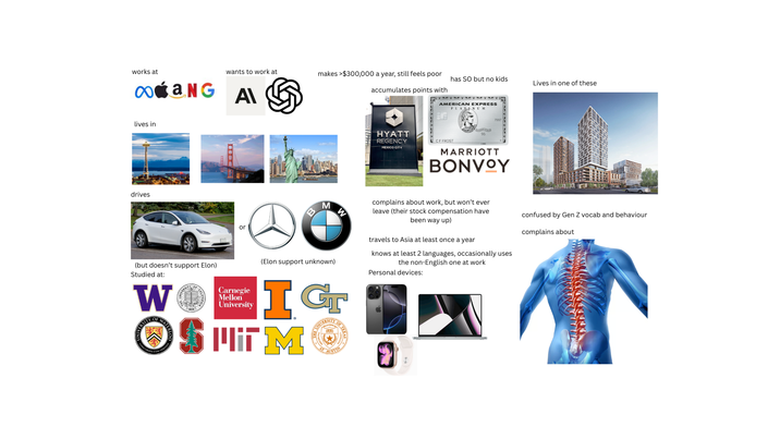 wants to work at makes >$300,000 a year, still feels poor has SO but no kids Lives in one of these accumulates points with works at aNG A lives in drives HYATT REGENCY MEXICO CITY AMERICAN EXPRESS PLATINUM CFFROST 95 7997 MARRIOTT BONVOY (but doesn't support Elon) Studied at: W VERSITY or Carnegie Mellon University M W complains about work, but won't ever leave (their stock compensation have been way up) travels to Asia at least once a year confused by Gen Z vocab and behaviour complains about (Elon support unknown) knows at least 2 languages, occasionally uses the non-English one at work Personal devices: IGT OSTM UNIVERSITY AUSTIN O