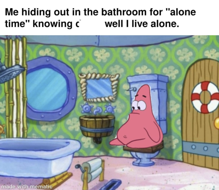 Me hiding out in the bathroom for "alone time" knowing c well I live alone. made with mematic 0 0