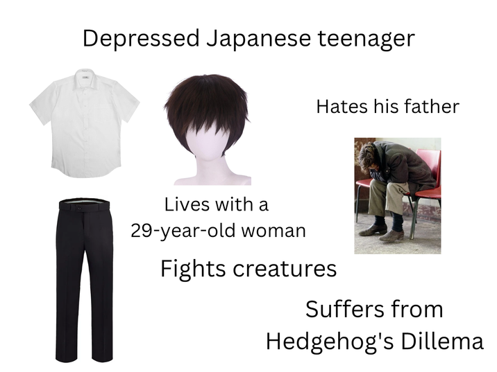 Depressed Japanese teenager Hates his father Lives with a 29-year-old woman Fights creatures Suffers from Hedgehog's Dillema