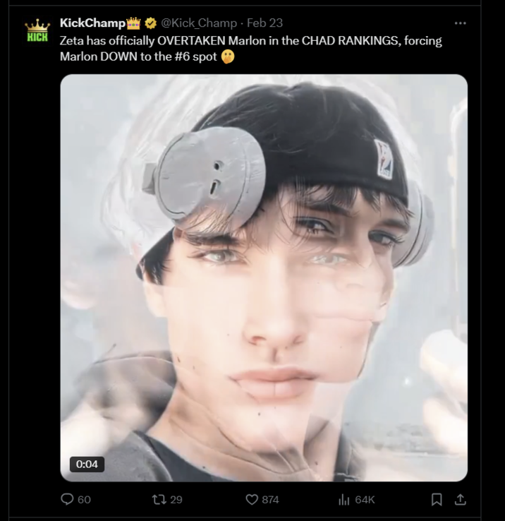 KICK @Kick_Champ KickChamp @Kick Champ - Feb 23 Zeta has officially OVERTAKEN Marlon in the CHAD RANKINGS, forcing Marlon DOWN to the #6 spot 0:04 60 1729 874 ill 64K 口企