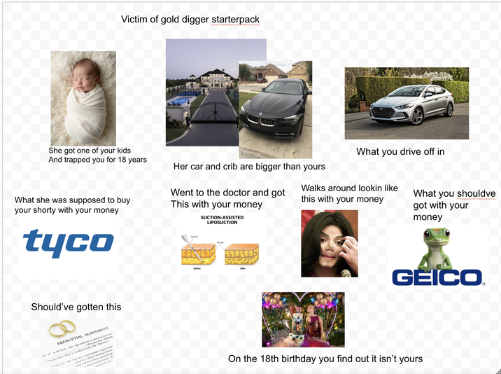 Victim of gold digger starterpack wwwwww. She got one of your kids And trapped you for 18 years What you drive off in Her car and crib are bigger than yours Walks around lookin like this with your money What she was supposed to buy your shorty with your money tyco Went to the doctor and got This with your money Cannula SUCTION-ASSISTED LIPOSUCTION Fat cells Should've gotten this PRENUPTIAL AGREEMENT BE IT KNOWN, this Agreement is entered into on (Prospective Wife) (collectively, the "Parties"). (Prospective Hushar , and it is their mutual desir married because of interests be c PEREAS, the Parties contemplate legal mar and control their own prop Before After What you shouldve got with your money GEICO On the 18th birthday you find out it isn't yours