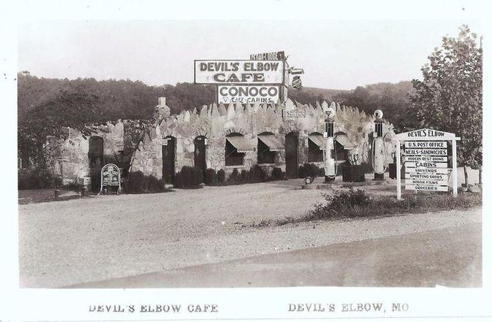 DEVIL'S ELBOW CAFE CONOCO CA CARINS DEVIL'S ELBOW U.S.POST OFFICE MEALS SANDWICHES CABINS SOUVENIRS SPORTING GO005 MOBAK FILMS GROCERIES DEVIL'S ELBOW CAFE DEVIL'S ELBOW, MO