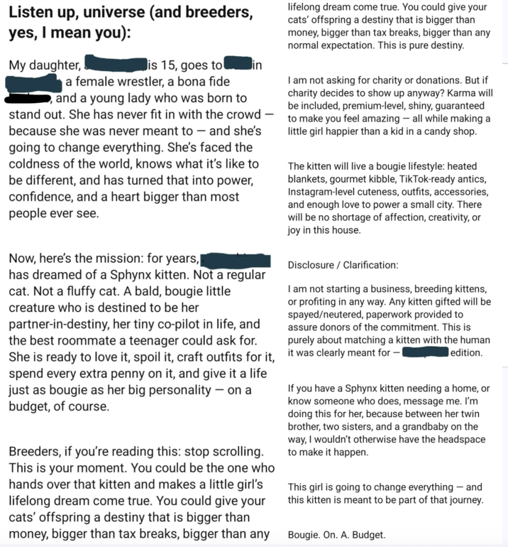 Listen up, universe (and breeders, yes, I mean you): My daughter, is 15, goes to Jin a female wrestler, a bona fide and a young lady who was born to stand out. She has never fit in with the crowd because she was never meant to - and she's going to change everything. She's faced the coldness of the world, knows what it's like to be different, and has turned that into power, confidence, and a heart bigger than most people ever see. Now, here's the mission: for years,| has dreamed of a Sphynx kitten. Not a regular cat. Not a fluffy cat. A bald, bougie little creature who is destined to be her partner-in-destiny, her tiny co-pilot in life, and the best roommate a teenager could ask for. She is ready to love it, spoil it, craft outfits for it, spend every extra penny on it, and give it a life just as bougie as her big personality - on a budget, of course. Breeders, if you're reading this: stop scrolling. This is your moment. You could be the one who hands over that kitten and makes a little girl's lifelong dream come true. You could give your cats' offspring a destiny that is bigger than money, bigger than tax breaks, bigger than any lifelong dream come true. You could give your cats' offspring a destiny that is bigger than money, bigger than tax breaks, bigger than any normal expectation. This is pure destiny. I am not asking for charity or donations. But if charity decides to show up anyway? Karma will be included, premium-level, shiny, guaranteed to make you feel amazing - all while making a little girl happier than a kid in a candy shop. The kitten will live a bougie lifestyle: heated blankets, gourmet kibble, TikTok-ready antics, Instagram-level cuteness, outfits, accessories, and enough love to power a small city. There will be no shortage of affection, creativity, or joy in this house. Disclosure / Clarification: I am not starting a business, breeding kittens, or profiting in any way. Any kitten gifted will be spayed/neutered, paperwork provided to assure donors of the commitment. This is purely about matching a kitten with the human it was clearly meant for edition. If you have a Sphynx kitten needing a home, or know someone who does, message me. I'm doing this for her, because between her twin brother, two sisters, and a grandbaby on the way, I wouldn't otherwise have the headspace to make it happen. This girl is going to change everything - and this kitten is meant to be part of that journey. Bougie. On. A. Budget.