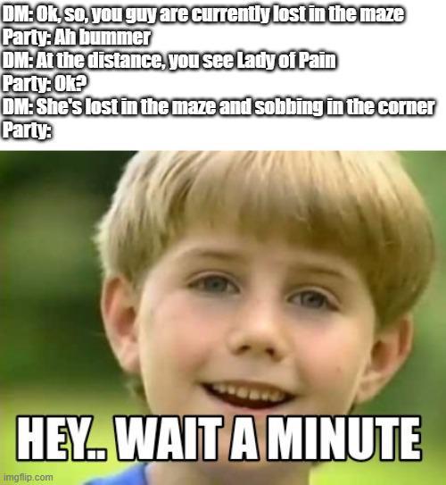 DM: Ok, so, you guy are currently lost in the maze Party: Ah bummer DM: At the distance, you see Lady of Pain Party: Ok? DM:She's lost in the maze and sobbing in the corner Party: HEY.. WAIT A MINUTE imgflip.com