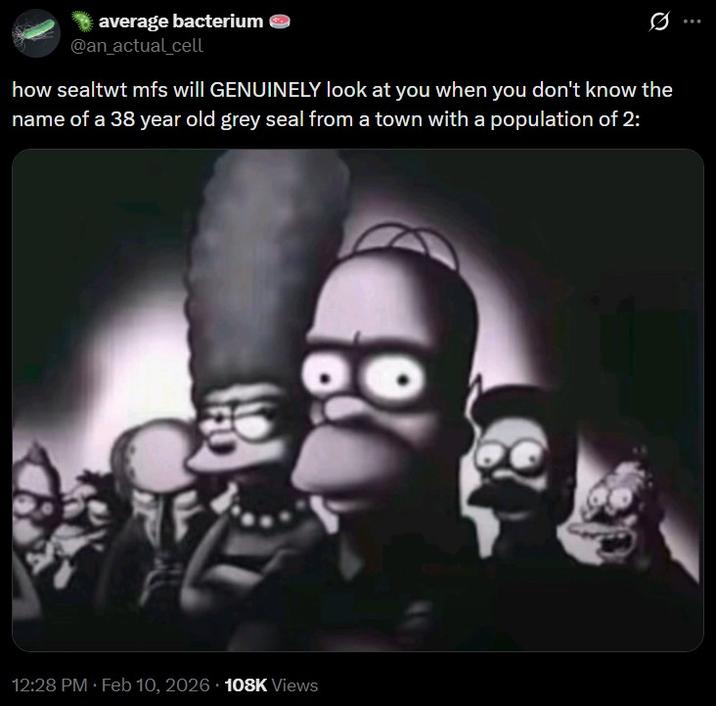 A meme. It reads, "how sealtwt mfs will GENUINELY look at you when you don't know the name of a 38 year old grey seal from a town with a population of 2:."