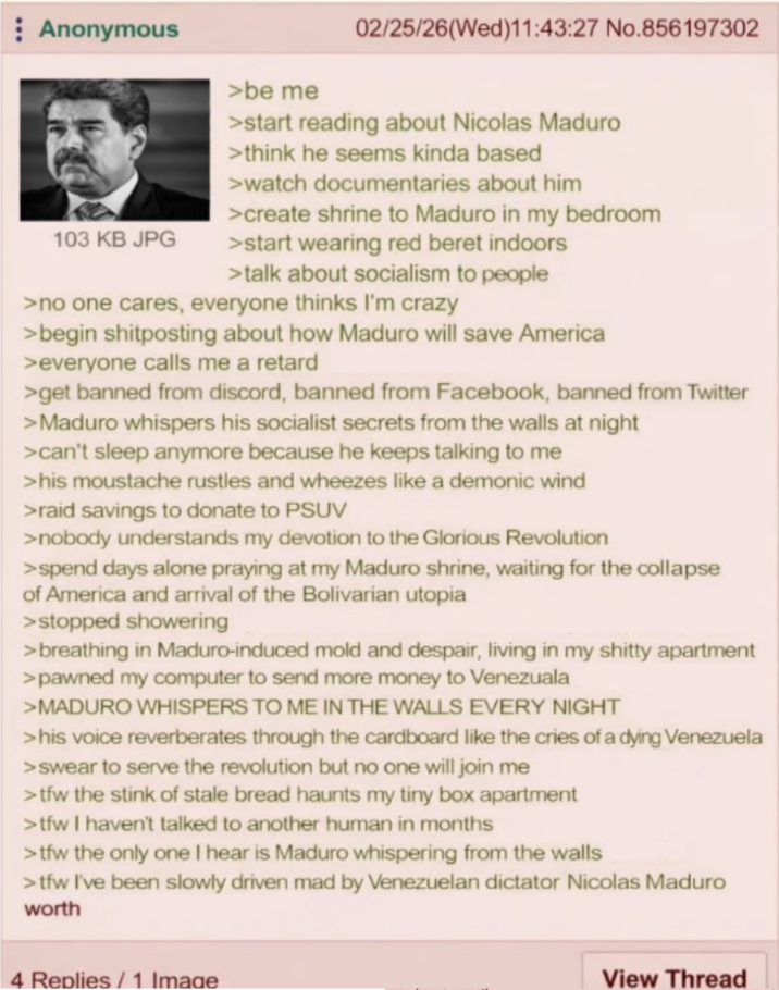 Anonymous 103 KB JPG >be me 02/25/26(Wed)11:43:27 No.856197302 >start reading about Nicolas Maduro >think he seems kinda based >watch documentaries about him >create shrine to Maduro in my bedroom >start wearing red beret indoors >talk about socialism to people >no one cares, everyone thinks I'm crazy >begin shitposting about how Maduro will save America >everyone calls me a retard >get banned from discord, banned from Facebook, banned from Twitter >Maduro whispers his socialist secrets from the walls at night >can't sleep anymore because he keeps talking to me >his moustache rustles and wheezes like a demonic wind >raid savings to donate to PSUV >nobody understands my devotion to the Glorious Revolution >spend days alone praying at my Maduro shrine, waiting for the collapse of America and arrival of the Bolivarian utopia >stopped showering >breathing in Maduro-induced mold and despair, living in my s----- apartment >pawned my computer to send more money to Venezuala >MADURO WHISPERS TO ME IN THE WALLS EVERY NIGHT > his voice reverberates through the cardboard like the cries of a dying Venezuela > swear to serve the revolution but no one will join me >tfw the stink of stale bread haunts my tiny box apartment >tfw I haven't talked to another human in months >tfw the only one I hear is Maduro whispering from the walls >tfw I've been slowly driven mad by Venezuelan dictator Nicolas Maduro worth 4 Replies/1 Image View Thread