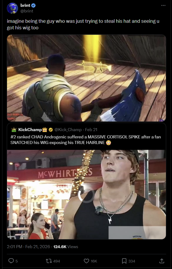 brint @brint imagine being the guy who was just trying to steal his hat and seeing u got his wig too Asy GLA KICH KickChamp@Kick Champ - Feb 21 #2 ranked CHAD Androgenic suffered a MASSIVE CORTISOL SPIKE after a fan SNATCHED his WIG exposing his TRUE HAIRLINE MCWHIRTERS 2:01 PM - Feb 21, 2026 124.6K Views 5 t 494 16K R MEDIUM 334 +