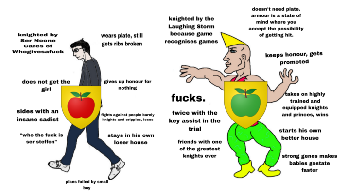 knighted by Ser Noone Cares of Whogivesafuck wears plate, still gets ribs broken knighted by the Laughing Storm because game recognises games doesn't need plate. armour is a state of mind where you accept the possibility of getting hit. keeps honour, gets promoted does not get the girl sides with an insane sadist "who the f--- is ser steffon" gives up honour for nothing fights against people barely knights and cripples, loses stays in his own loser house Ev f----. twice with the key assist in the trial friends with one of the greatest knights ever takes on highly trained and equipped knights and princes, wins starts his own better house strong genes makes babies gestate faster plans foiled by small boy