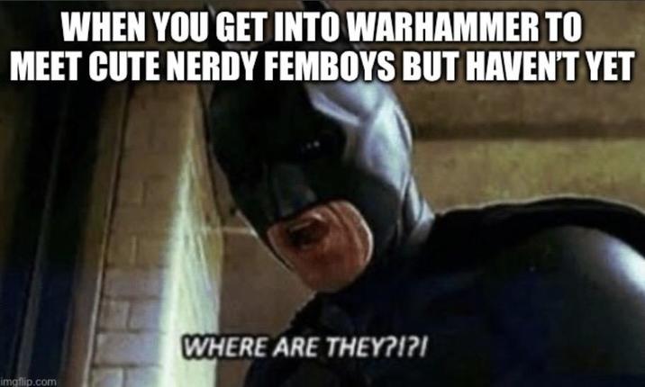 WHEN YOU GET INTO WARHAMMER TO MEET CUTE NERDY FEMBOYS BUT HAVEN'T YET imgflip.com WHERE ARE THEY?!?!