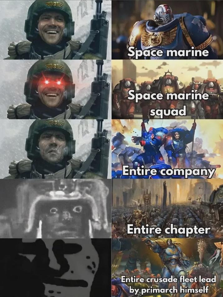 Space marine Space marine squad Entire company O Entire chapter Entire crusade fleet lead by primarch himself