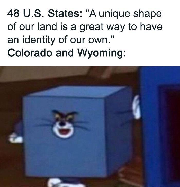 48 U.S. States: "A unique shape of our land is a great way to have an identity of our own." Colorado and Wyoming: ક