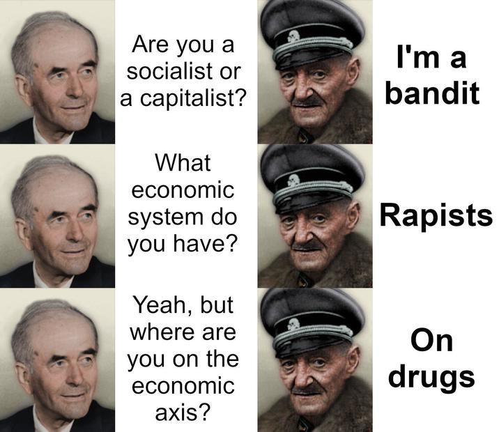 Are you a socialist or a capitalist? What I'm a bandit economic system do Rapists you have? Yeah, but where are you on the economic axis? On drugs