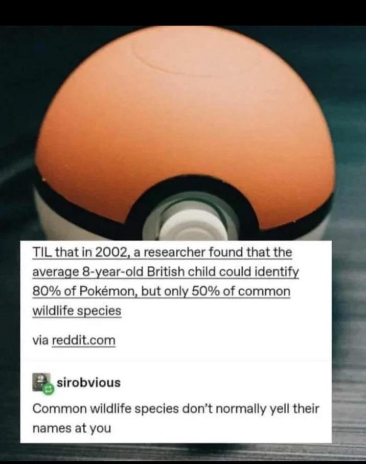 TIL that in 2002, a researcher found that the average 8-year-old British child could identify 80% of Pokémon, but only 50% of common wildlife species via reddit.com sirobvious Common wildlife species don't normally yell their names at you