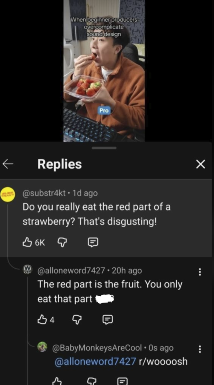 When beginner producers Overcomplicate Sound design Pro ← THANT Replies @substr4kt ⚫ 1d ago Do you really eat the red part of a strawberry? That's disgusting! вок д @alloneword7427 • 20h ago The red part is the fruit. You only eat that part B4 Q @BabyMonkeysAreCool ⚫ Os ago @alloneword7427 r/woooosh } จ ☑
