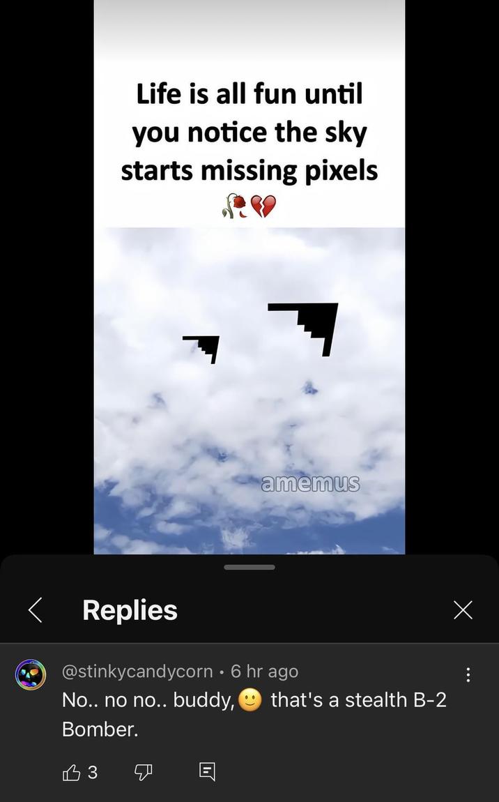 Life is all fun until you notice the sky starts missing pixels amemus < Replies @stinkycandycorn ⚫ 6 hr ago No.. no no.. buddy, Bomber. 13 that's a stealth B-2 Х