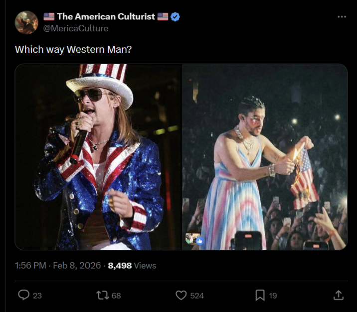 The American Culturist ✔ @MericaCulture Which way Western Man? 1:56 PM - Feb 8, 2026 -8,498 Views 23 17.68 524 ☐ 19 ↑