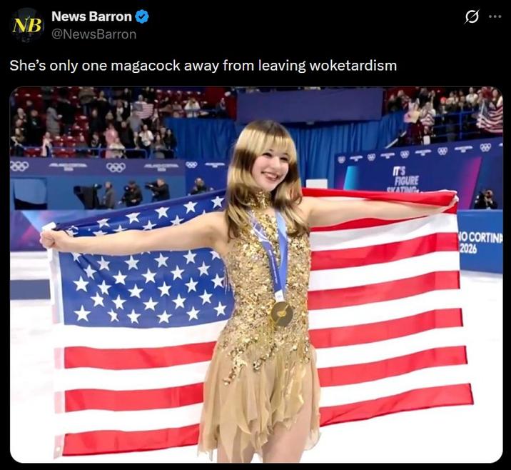 A tweet by NewsBarron about Alysa Liu. It reads, "She’s only one magac-ck away from leaving woke-ardism."