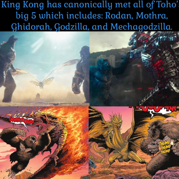 King Kong has canonically met all of Toho' big 5 which includes: Rodan, Mothra, Ghidorah, Godzilla, and Mechagodzilla. THUMP THUMP THUMP