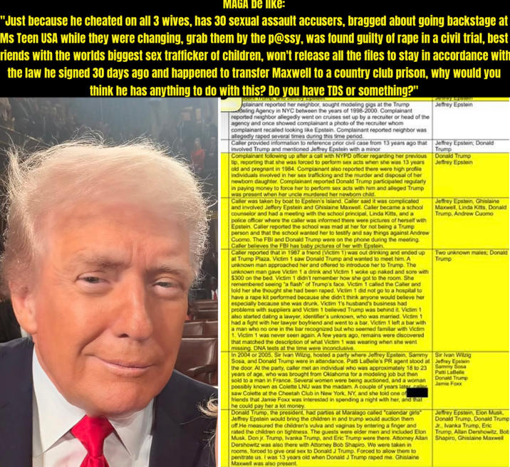 MAGA be like: "Just because he cheated on all 3 wives, has 30 sexual assault accusers, bragged about going backstage at Ms Teen USA while they were changing, grab them by the p@ssy, was found guilty of r--- in a civil trial, best riends with the worlds biggest sex trafficker of children, won't release all the files to stay in accordance with the law he signed 30 days ago and happened to transfer Maxwell to a country club prison, why would you think he has anything to do with this? Do you have TDS or something?" Junrey Epatent plainant reported her neighbor, sought modeling gigs at the Trump deling Agency in NYC between the years of 1998-2000. Complainant reported neighbor allegedly went on cruises set up by a recruiter or head of the agency and once showed complainant a photo of the recruiter whom complainant recalled looking like Epstein. Complainant reported neighbor was allegedly r---- several times during this time period. Caller provided information to reference prior civil case from 13 years ago that involved Trump and mentioned Jeffrey Epstein with a minor Complainant following up after a call with NYPD officer regarding her previous tip, reporting that she was forced to perform sex acts when she was 13 years old and pregnant in 1984. Complainant also reported there were high profile individuals involved in her sex trafficking and the murder and disposal of her newborn daughter. Complainant reported Donald Trump participated regularly in paying money to force her to perform sex acts with him and alleged Trump was present when her uncle murdered her newborn child. Caller was taken by boat to Epstein's Island. Caller said it was complicated and involved Jeffery Epstein and Ghislaine Maxwell. Caller became a school counselor and had a meeting with the school principal, Linda Kitts, and a police officer where the caller was informed there were pictures of herself with Epstein. Caller reported the school was mad at her for not being a Trump person and that the school wanted her to testify and say things against Andrew Cuomo. The FBI and Donald Trump were on the phone during the meeting. Caller believes the FBI has baby pictures of her with Epstein. Caller reported that in 1987 a friend (Victim 1) was out drinking and ended up at Trump Plaza. Victim 1 saw Donald Trump and wanted to meet him. A unknown man approached her and offered to introduce her to Trump. The unknown man gave Victim 1 a drink and Victim 1 woke up naked and sore with $300 on the bed. Victim 1 didn't remember how she got to the room. She remembered seeing "a flash" of Trump's face. Victim 1 called the Caller and told her she thought she had been r----. Victim 1 did not go to a hospital to have a r--- kit performed because she didn't think anyone would believe her especially because she was drunk. Victim 1's husband's business had problems with suppliers and Victim 1 believed Trump was behind it. Victim 1 also started dating a lawyer, identifier's unknown, who was married. Victim 1 had a fight with her lawyer boyfriend and went to a bar. Victim 1 left a bar with a man who no one in the bar recognized but who seemed familiar with Victim 1. Victim 1 was never seen again. A few years ago, remains were discovered that matched the description of what Victim 1 was wearing when she went missing DNA tests at the time were inconclusive. In 2004 or 2005, Sir Ivan Witzig, hosted a party where Jeffrey Epstein, Sammy Sosa, and Donald Trump were in attendance. Patti LaBelle's PR agent stood at the door. At the party, caller met an individual who was approximately 18 to 23 years of age, who was brought from Oklahoma for a modeling job but then sold to a man in France. Several women were being auctioned, and a woman possibly known as Colette LNU was the madam. A couple of years later caller saw Colette at the Cheetah Club in New York, NY, and she told one of friends that Jamie Foxx was interested in spending a night with her, and that he could pay her a lot money. Donald Trump, the president, had parties at Maralago called "calendar girls Jeffrey Epstein would bring the children in and trump would auction them off.He measured the children's vulva and vaginas by entering a finger and rated the children on tightness. The guests were elder men and included Elon Musk. Don jr. Trump, Ivanka Trump, and Eric Trump were there. Attorney Allan Dershowitz was also there with Attorney Bob Shapiro. We were taken in rooms, forced to give oral sex to Donald J Trump. Forced to allow them to penitrate us. I was 13 years old when Donald J Trump r---- me. Ghislaine Maxwell was also present Jeffrey Epstein Jeffrey Epstein; Donald Trump Donald Trump Jeffrey Epstein Jeffrey Epstein, Ghislaine Maxwell, Linda Kitts, Donald Trump, Andrew Cuomo Two unknown males; Donald Trump Sir Ivan Witzig Jeffrey Epstein Sammy Sosa Patti LaBelle Donald Trump Jamie Foxx Jeffrey Epstein, Elon Musk, Donald Trump, Donald Trump Jr., Ivanka Trump, Eric Trump, Allan Dershowitz, Bob Shapiro, Ghislaine Maxwell