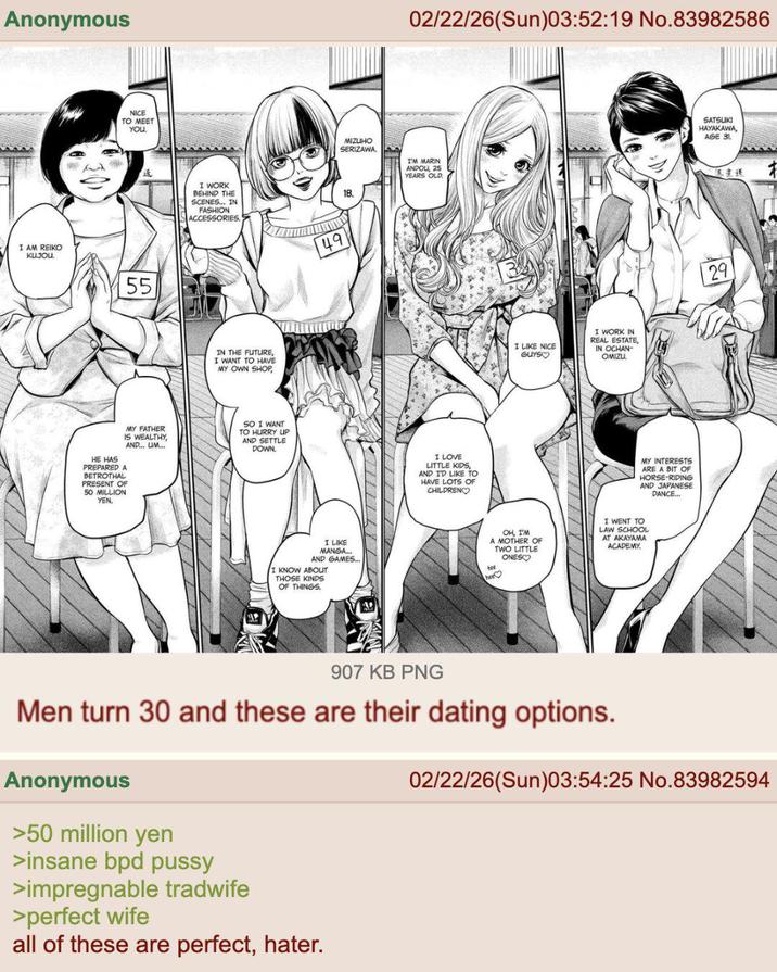 Anonymous I AM REIKO KUJOU NICE TO MEET YOU. 55 I WORK BEHIND THE SCENES... IN FASHION ACCESSORIES IN THE FUTURE, I WANT TO HAVE MY OWN SHOP, MY FATHER IS WEALTHY, AND... UM... HE HAS PREPARED A BETROTHAL PRESENT OF 50 MILLION YEN. SO I WANT TO HURRY UP AND SETTLE DOWN. 02/22/26(Sun)03:52:19 No.83982586 MIZUHO SERIZAWA. 25 I'M MARIN ANDOU, 2 YEARS OLD. 49 18. I LIKE MANGA... AND GAMES... I KNOW ABOUT THOSE KINDS OF THINGS. I LOVE LITTLE KIDS, AND I'D LIKE TO HAVE LOTS OF CHILDREN I LIKE NICE GUYS I WORK IN REAL ESTATE, IN OCHAN OMIZU. MY INTERESTS ARE A BIT OF HORSE-RIDING AND JAPANESE DANCE... OH, I'M A MOTHER OF TWO LITTLE ONES I WENT TO LAW SCHOOL AT AKAYAMA ACADEMY. tee SATSUKI HAYAKAWA, AGE 31. *** 29 907 KB PNG Men turn 30 and these are their dating options. Anonymous >50 million yen >insane bpd p---- >impregnable tradwife >perfect wife all of these are perfect, hater. 02/22/26(Sun)03:54:25 No.83982594