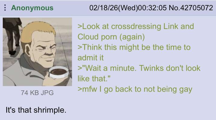 Anonymous 74 KB JPG It's that shrimple. 02/18/26(Wed)00:32:05 No.42705072 >Look at crossdressing Link and Cloud p--- (again) >Think this might be the time to admit it >"Wait a minute. Twinks don't look like that." >mfw I go back to not being gay