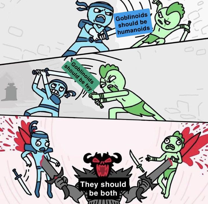 Goblinoids should be humanoids Goblinoids should be fey 0 They should be both
