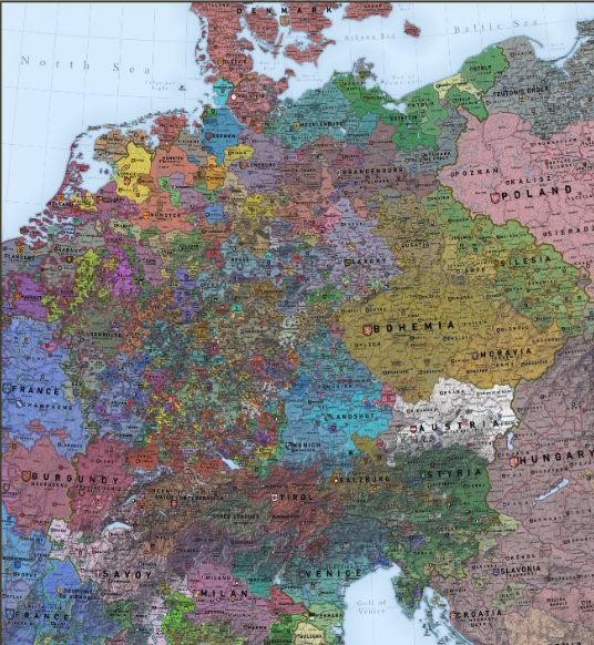 North Sea FRANCE BURGUNDY - FRANCE SAVOY NSTER Arkena Se Baltic Sea PISTOLE ESTETTIN HTBLY TEUTONG ORDE Exter BRANDENBURG OPOZNAN eRALISZ OPOLAND SIERADE STAKERY ManawepSILESIA BOHEMIA JUSTEA DENELAY MORAVIA Bring LANDSHOT AU5 MUNICH HUNGARY SALZBURG STYRIA www CTIROL THREE LEAGUES MILAN CVENICE Gull of Venice CROATIA CHERNA LIGH SLAVONIA