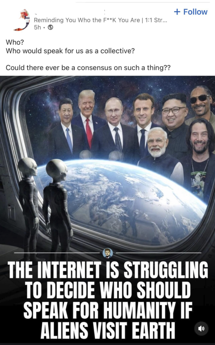 Who? Reminding You Who the F**K You Are | 1:1 Str... 5h Who would speak for us as a collective? Could there ever be a consensus on such a thing?? + Follow THE INTERNET IS STRUGGLING TO DECIDE WHO SHOULD SPEAK FOR HUMANITY IF ALIENS VISIT EARTH
