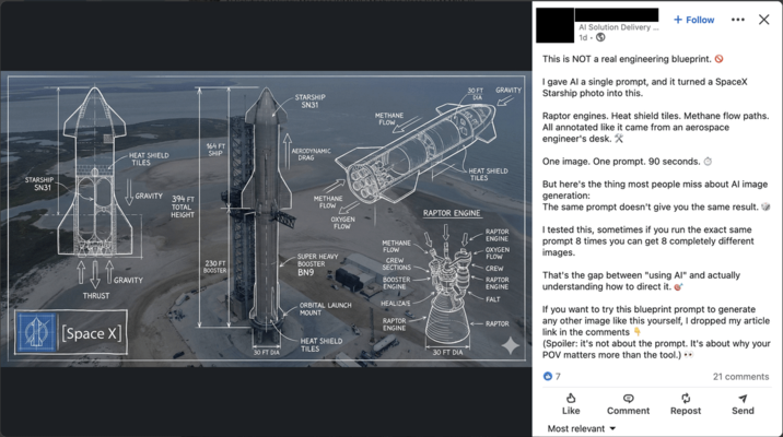 STARSHIP SN31 ↓ THRUST ↑ STARSHIP SN31 164 FT HEAT SHIELD SHIP AERODYNAMIC DRAG TILES GRAVITY 394 FT TOTAL HEIGHT GRAVITY [Space X] 230 FT BOOSTER METHANE FLOW Al Solution Delivery ... 1d. + Follow ☑ 30 FT GRAVITY DIA HEAT SHIELD TILES RAPTOR This is NOT a real engineering blueprint. I gave Al a single prompt, and it turned a SpaceX Starship photo into this. Raptor engines. Heat shield tiles. Methane flow paths. All annotated like it came from an aerospace engineer's desk. X One image. One prompt. 90 seconds. But here's the thing most people miss about Al image generation: The same prompt doesn't give you the same result. I tested this, sometimes if you run the exact same prompt 8 times you can get 8 completely different images. That's the gap between "using Al" and actually understanding how to direct it. If you want to try this blueprint prompt to generate any other image like this yourself, I dropped my article link in the comments 4 (Spoiler: it's not about the prompt. It's about why your POV matters more than the tool.) ⚫⚫ METHANE FLOW OXYGEN FLOW RAPTOR ENGINE RAPTOR ENGINE METHANE FLOW SUPER HEAVY OXYGEN FLOW CREW BOOSTER SECTIONS CREW BN9 BOOSTER ENGINE RAPTOR ENGINE FALT ORBITAL LAUNCH MOUNT HEALIZAIE RAPTOR ENGINE HEAT SHIELD TILES 30 FT DIA 30 FT DIA 7 21 comments Like Comment Repost Send Most relevant