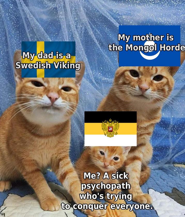 My dad is a Swedish Viking My mother is the Mongol Horde Me? A sick psychopath who's trying to conquer everyone.